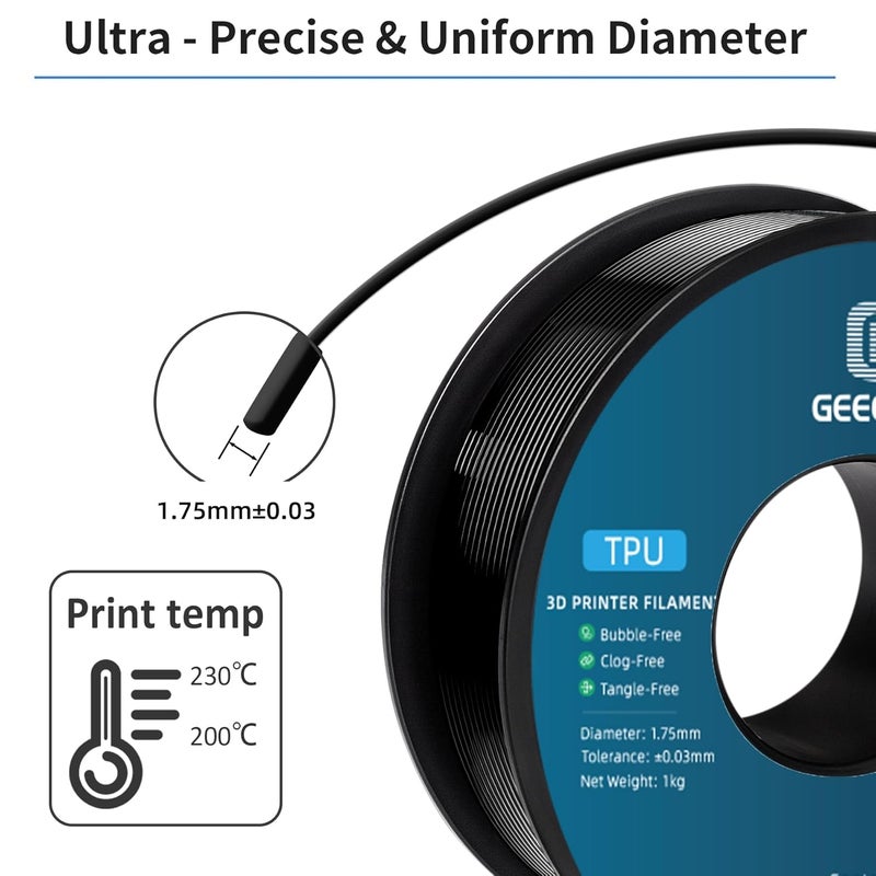 Geeetech خيوط TPU بقطر 1.75 مم، صلابة 95A، خيوط طابعة ثلاثية الأبعاد مرنة مع مرونة عالية، 1 كجم (2.2 رطل) بكرة، دقة أبعاد ±0.03 مم، تناسب معظم الطابعات FDM (أسود) - Image 3